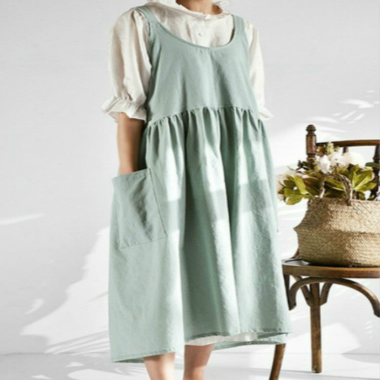 Mint high-waist cotton-linen apron with bib front, gathered skirt, and side pocket