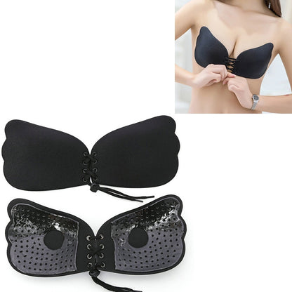 Black silicone wing bra cups with lace-up pull rope, no steel ring