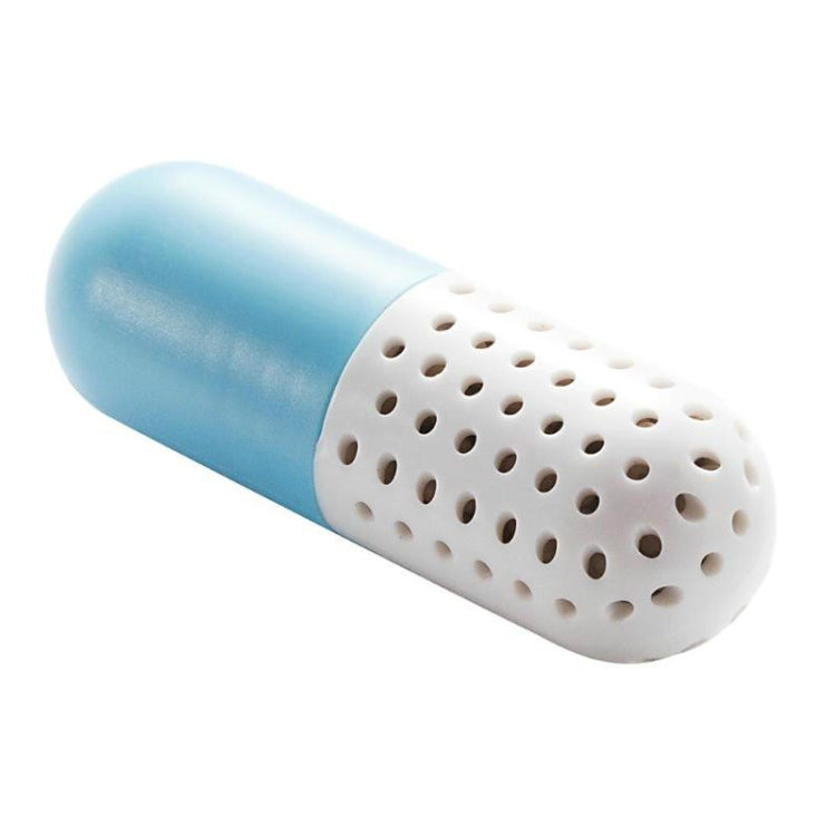 Blue and white capsule shoe deodorizer with perforated vent holes