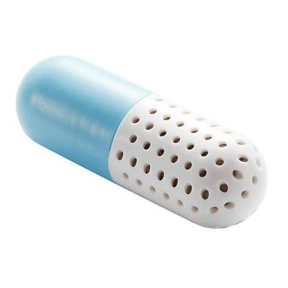 Blue and white capsule shoe deodorizer with perforated vent holes