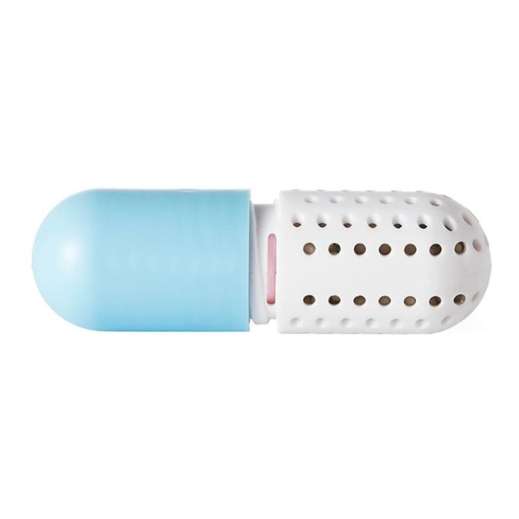 Blue and white capsule shoe deodorizer with side cutout and vent holes