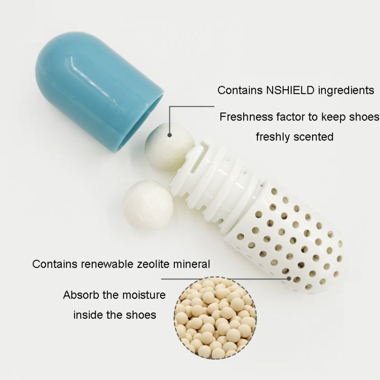 Blue capsule shoe deodorizer with white perforated vent end