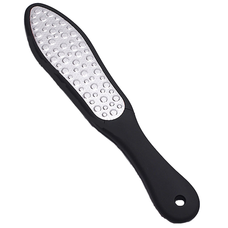 Black-handled pedicure file with silver-toned dimpled abrasive side