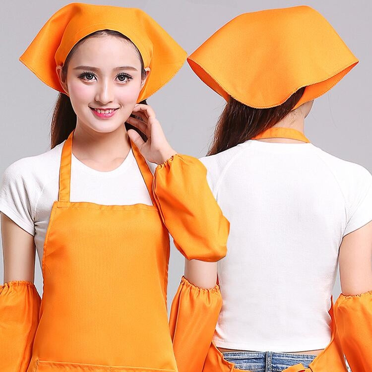Orange chef turban hat with triangle scarf, side and back views, kitchen work headwear