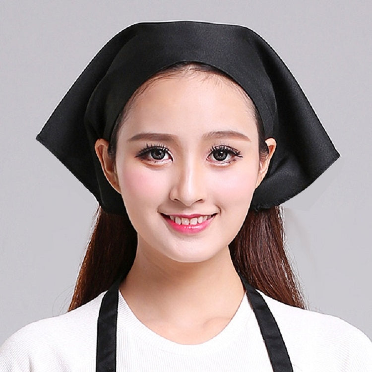 Black chef turban hat with triangle scarf, front headwear for kitchen work, adjustable
