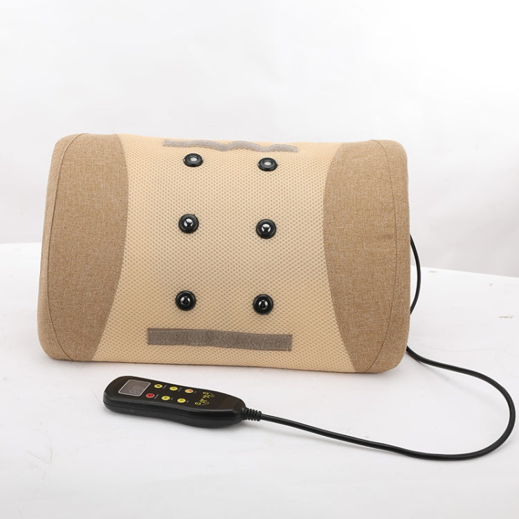 Heating pulse acupuncture waist massager with beige fabric cover and attached black controller