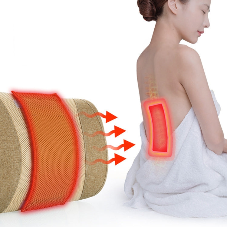 Heating pulse acupuncture lumbar massager wrap with red heat pads and traction arrows.