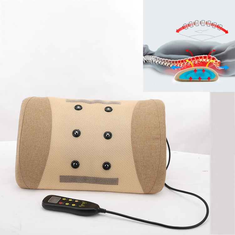 Beige lumbar massager cushion with control remote and power cord, shown front view.