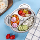 Stainless steel kids dinner plate with three compartments and cartoon-style layout