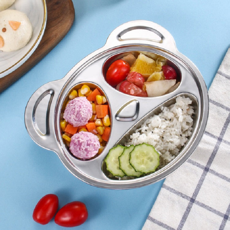 Stainless steel kids dinner plate with three compartments and cartoon-style layout