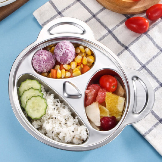 Stainless steel divided kids dinner plate with cartoon face sections and side handles