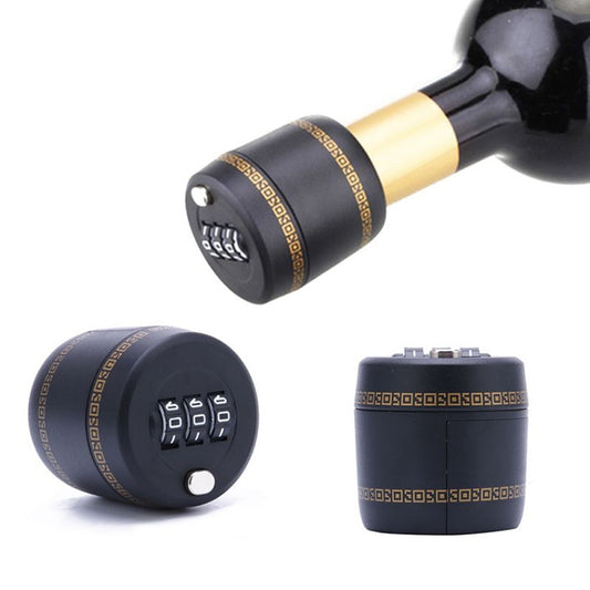 Wine bottle cap stopper with code lock, matte dark body and gold-colored tube insert.