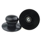 Black pot lid handle caps, one showing the center metal screw