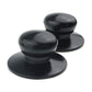 Two black pot lid handle caps, round bases with dome tops
