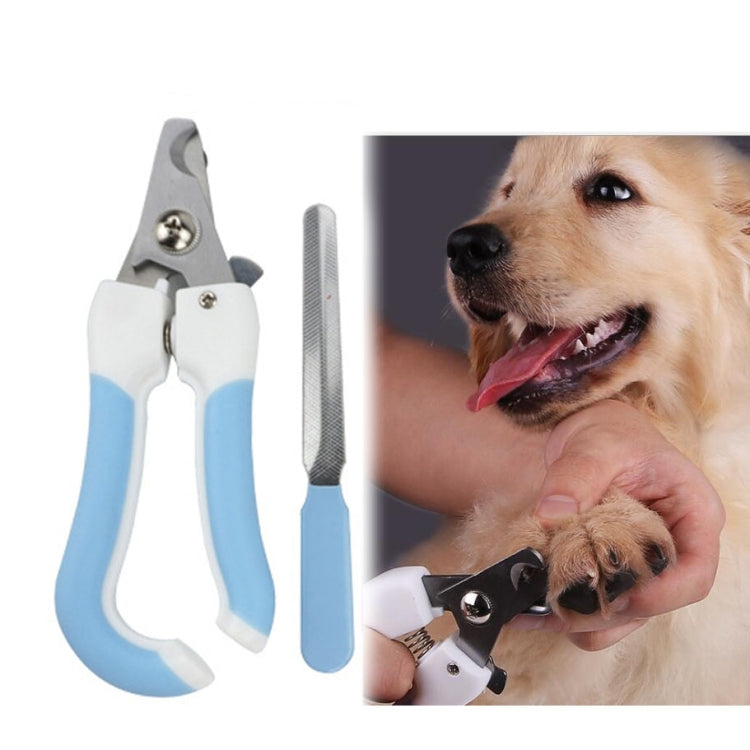 Blue pet nail clipper with built-in file, stainless steel blades and white handles