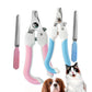 Pink and blue pet nail clipper and file set with white handles and steel blades