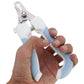 Blue pet nail clipper with file, stainless steel cutting head shown in close-up