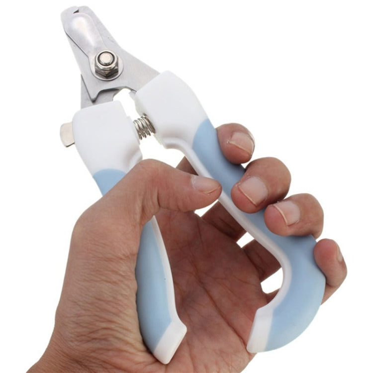 Blue pet nail clipper with file, stainless steel cutting head shown in close-up