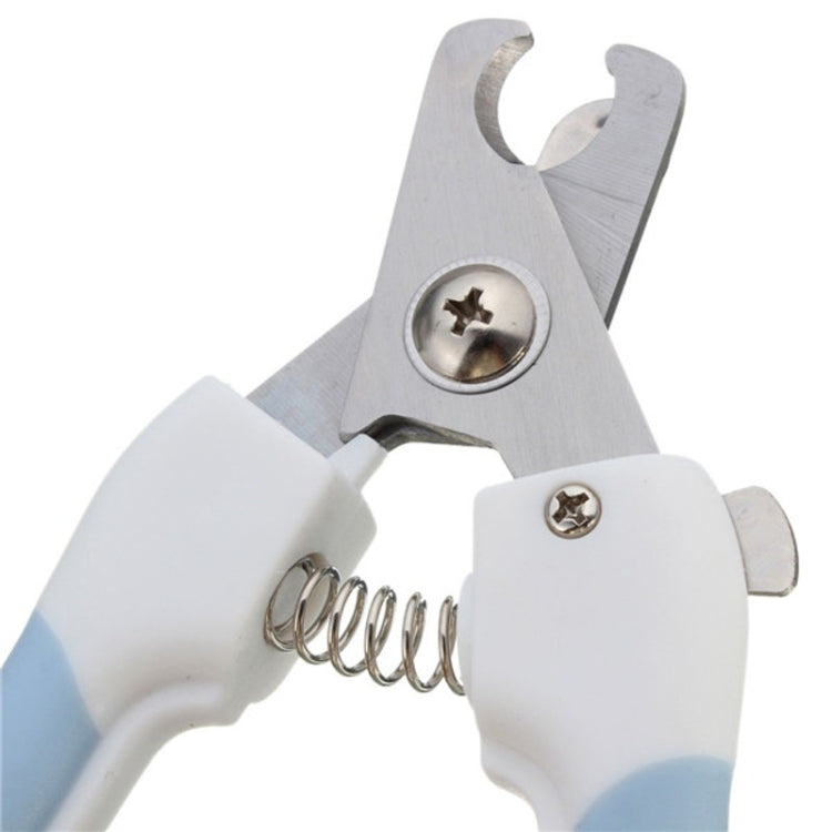 Stainless steel pet nail clipper mechanism with spring and blue grip handle