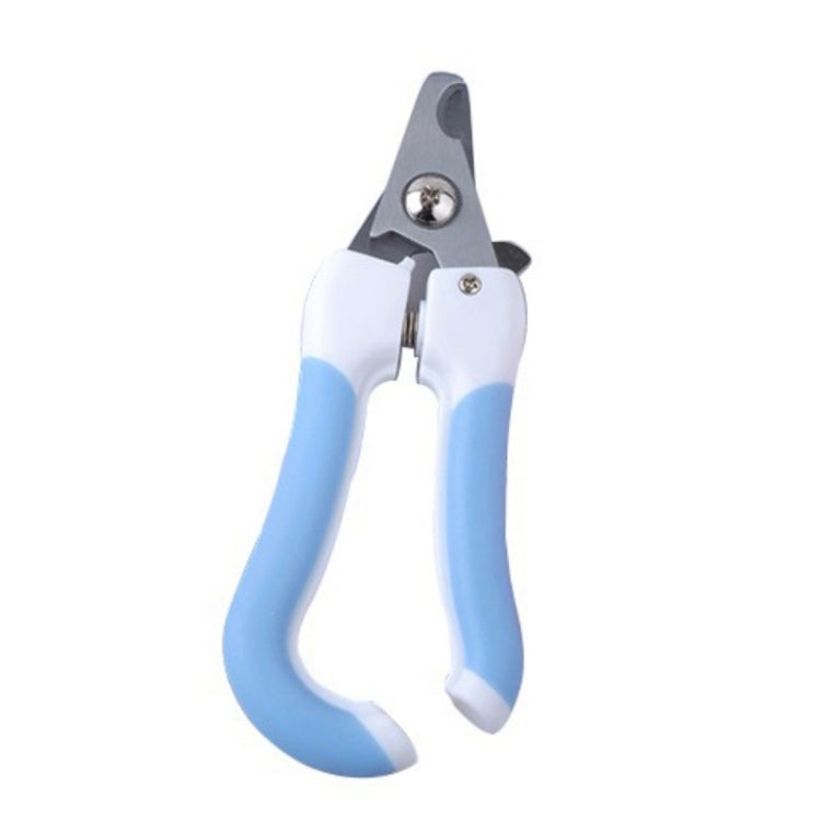 Blue pet nail clipper with built-in file, stainless steel blades and white grips