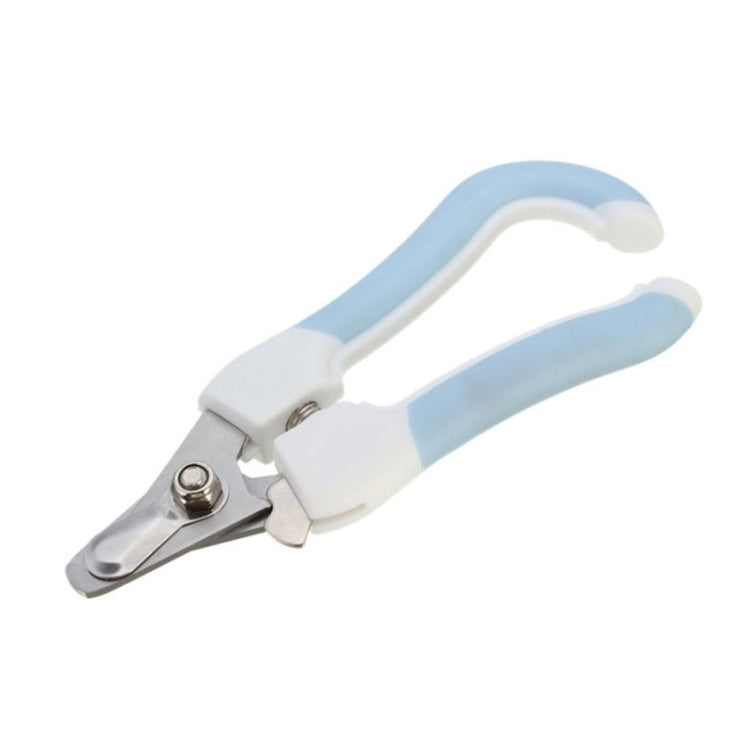Blue pet nail clipper with file, side view of stainless cutting head and white handle