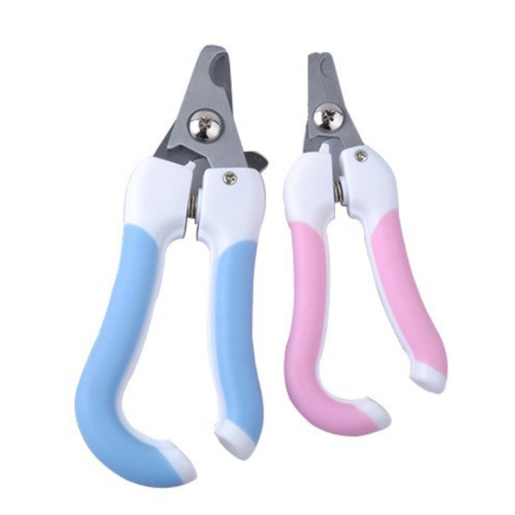 Blue and pink pet nail clippers with files, stainless steel blades and white grips