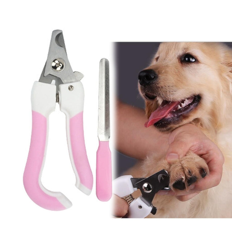 Two-piece pet nail clipper and file set with pink-and-white handles and stainless steel tools