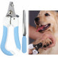 Two-piece pet nail clipper and file set with blue-and-white handles and stainless steel tools