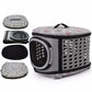 Gray portable pet carrier bag with mesh windows; includes foldable base and cover pieces.