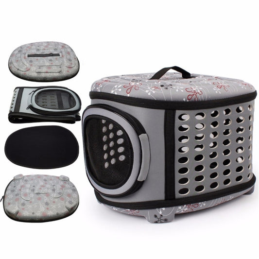 Gray portable pet carrier bag with mesh windows; includes foldable base and cover pieces.