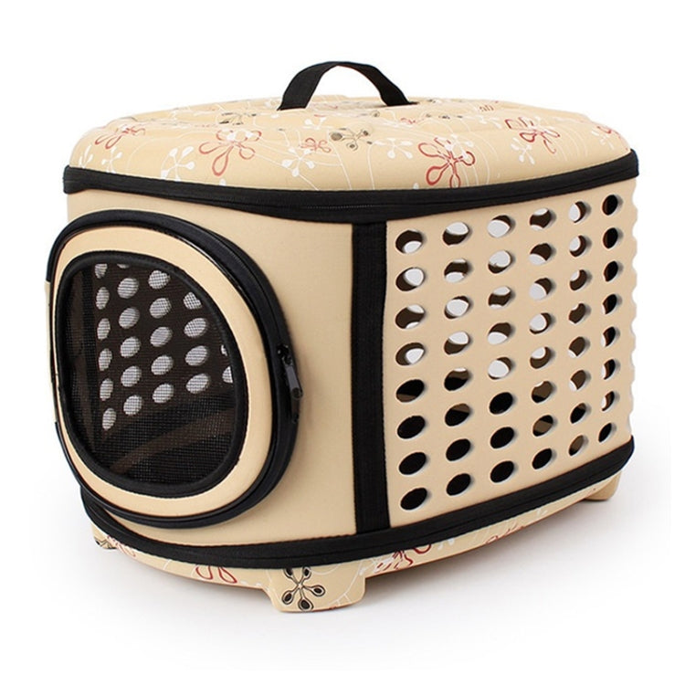 Beige folding pet carrier bag with mesh side window and vented metal panel, top handle.