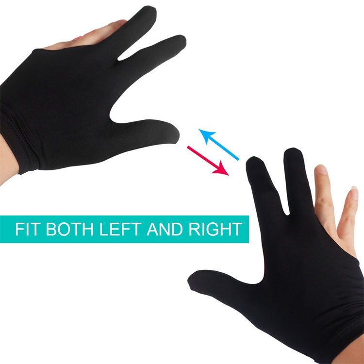 Black spandex three-finger cue glove on open hands, left/right fit