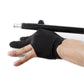 Black spandex three-finger snooker cue glove worn on hand gripping cue