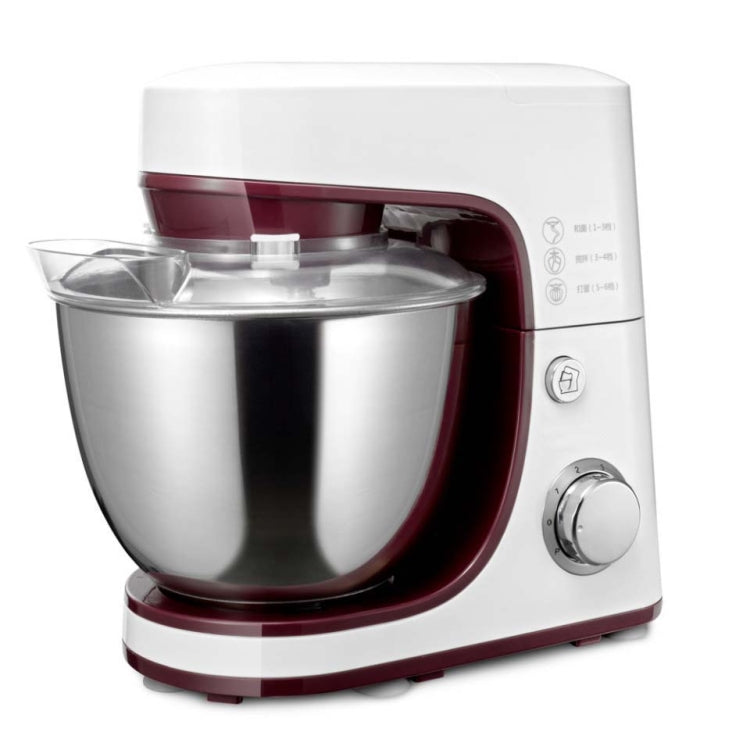 White and burgundy dough mixer with stainless steel bowl and splash cover