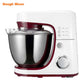 Burgundy and white stand dough mixer with stainless steel bowl and control dial