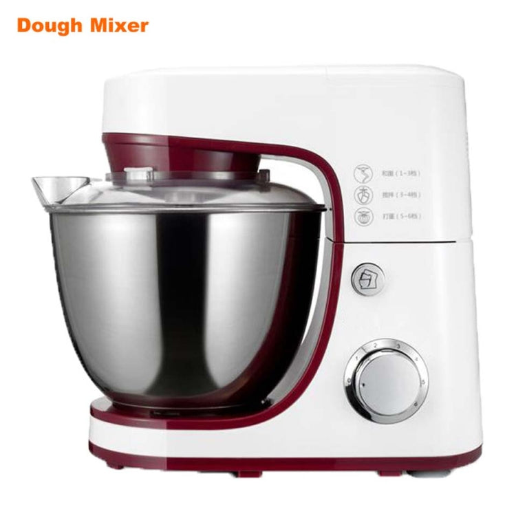Burgundy and white stand dough mixer with stainless steel bowl and control dial