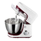 Burgundy and white dough mixer with tilted stainless steel bowl and beater attachment