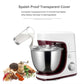 Dough mixer with stainless steel bowl and transparent splash-proof cover, burgundy base