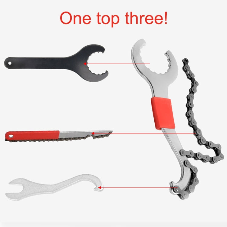 Three-in-one bicycle wrench set showing multiple tips with orange-red central grip