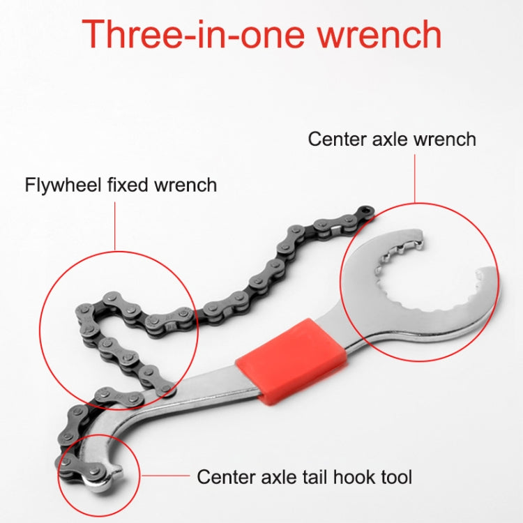 Three-in-one bicycle wrench tool with chain and center axle tail hook tips, orange-red grip