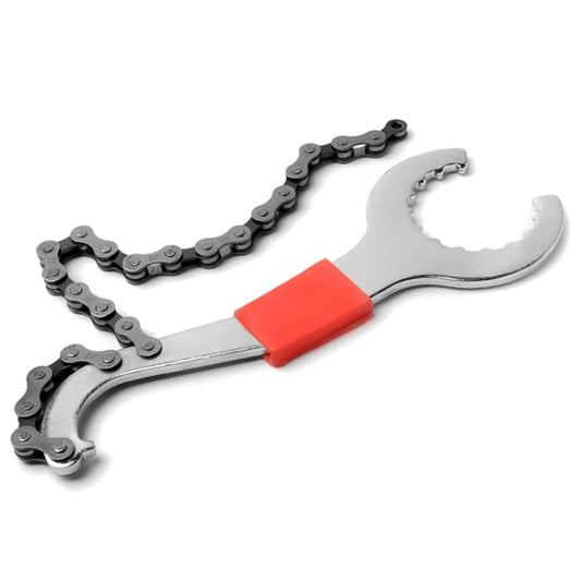 Three-in-one bicycle wrench tool with chain segment and orange-red grip, silver head