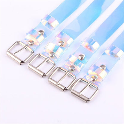 Iridescent transparent waist belt with silver rectangular buckle and eyelet studs