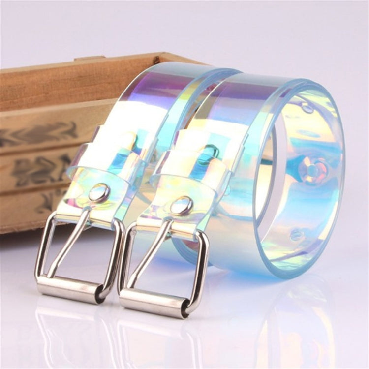 Holographic transparent belt with silver buckle and multi-row metal eyelets