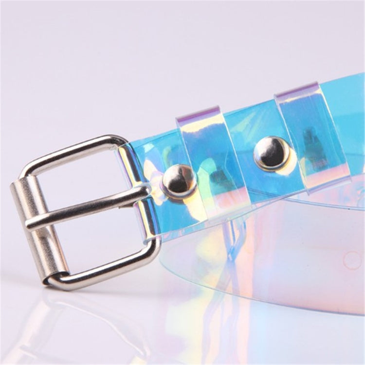 Transparent iridescent belt strap with silver buckle and round rivet details