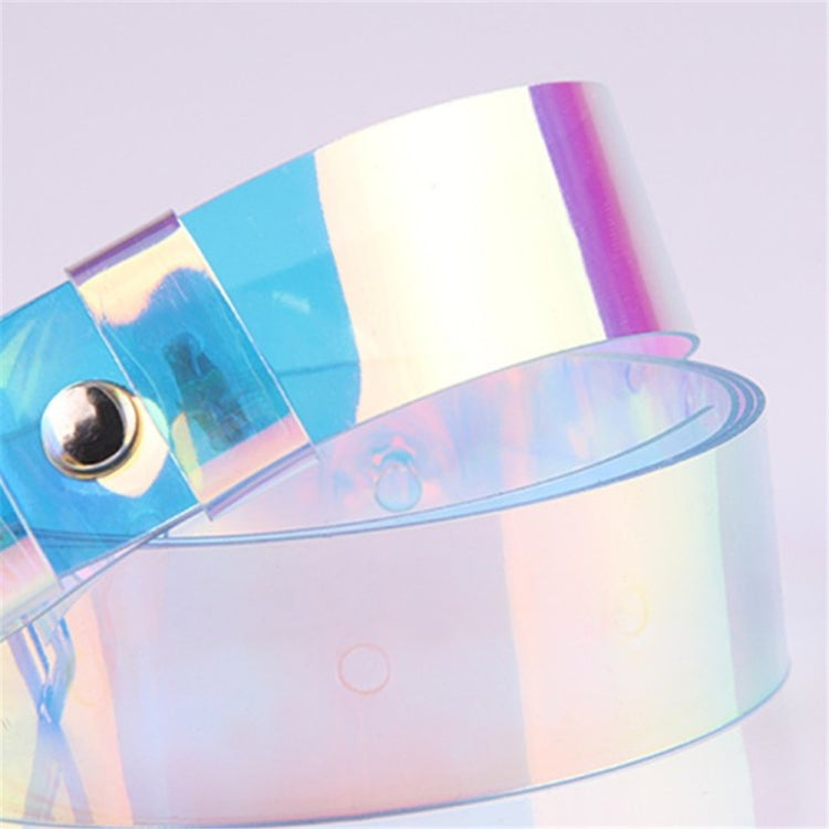 Transparent holographic belt with blue and pink iridescent paneling and rivets