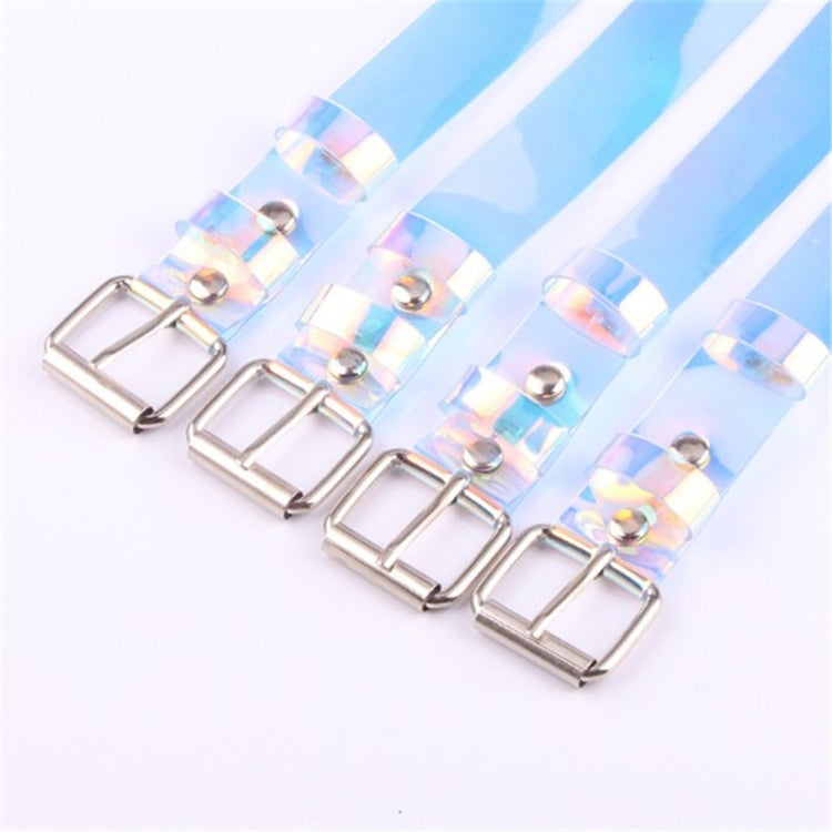 Iridescent transparent waist belt with silver buckle and multiple snap-hole bands