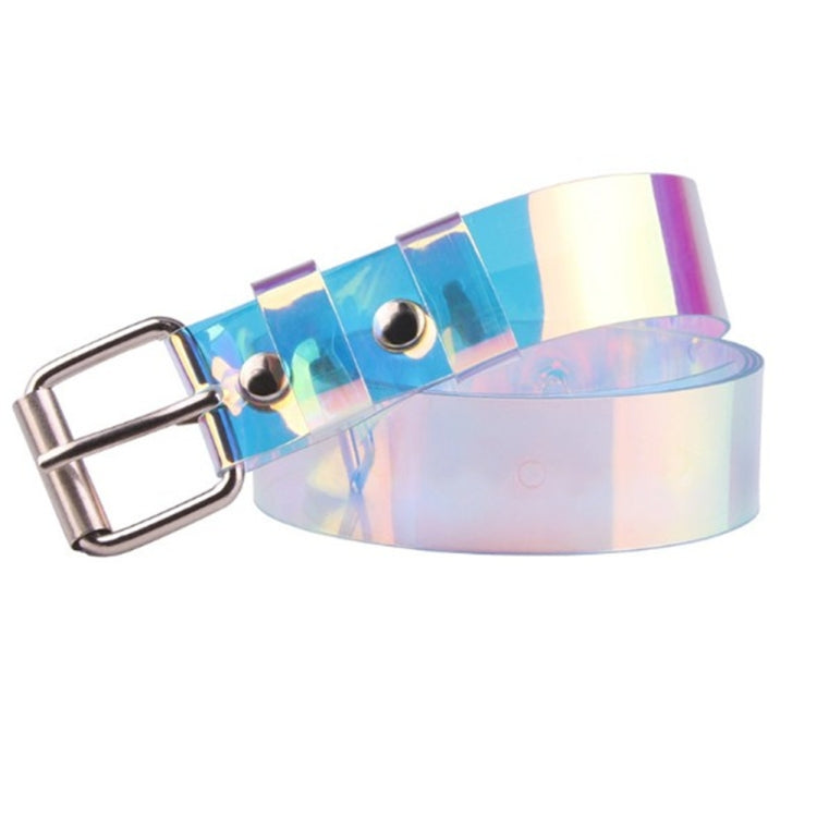 Holographic transparent belt with silver buckle and dark snap-button rivets