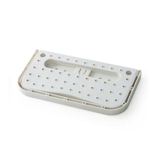 Wall hanging slipper storage rack with perforated tray and suction mount, white