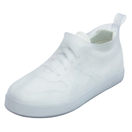 White PVC shoe covers with snap-on ankle opening and textured sole