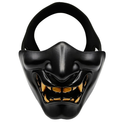 Black half-face tactical grimace mask with handle loop and toothy open-mouth grin